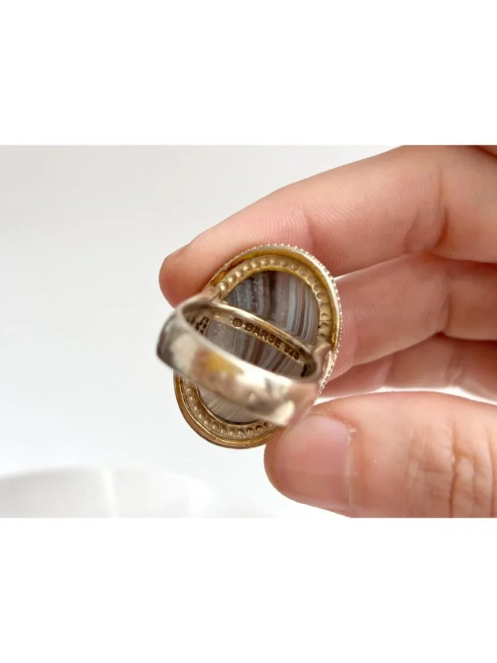 Grey Banded Agate Polished Cabochon Sterling Silver 925 Vintage Ring - sz 8